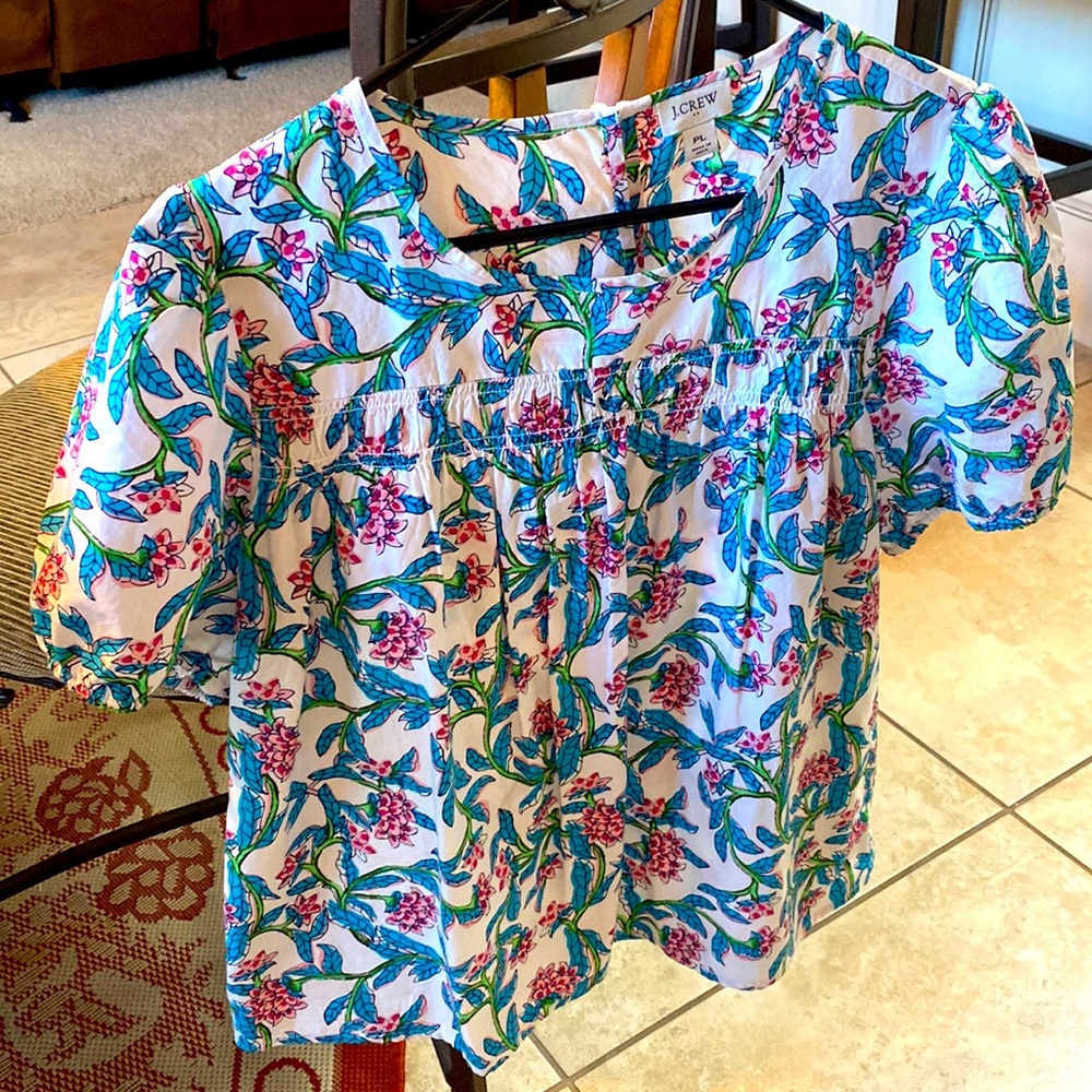 J.Crew White & Teal Blue Floral Puff Sleeve Cotton Top - Size Petite L